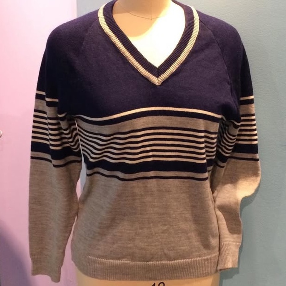 Vintage 70s/80s V-Neck Navy Grey Stripe Mod Retro Sweater - Medium